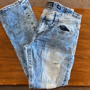 Buckle Light Blue Slim Fit Men's Jeans with Distressed Accents